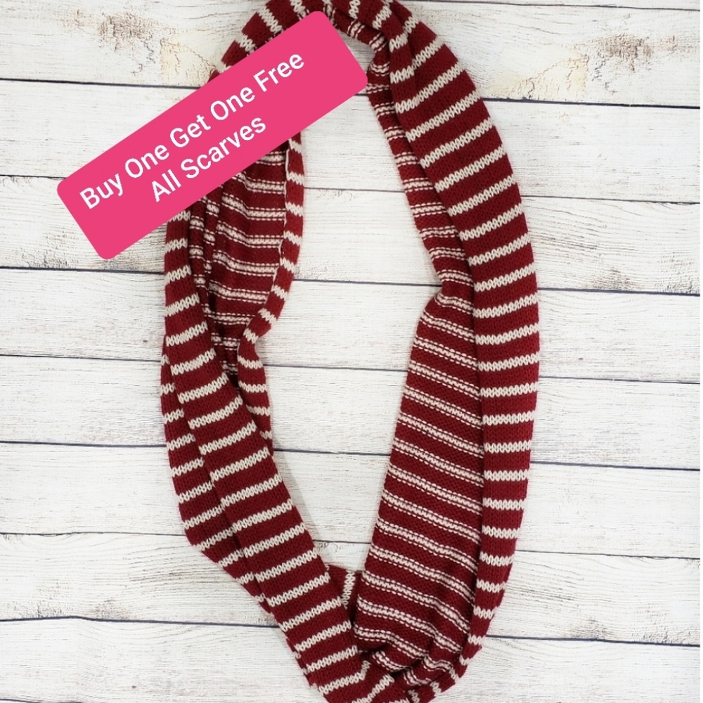 Red and White Striped Crocheted Infinity Scarf